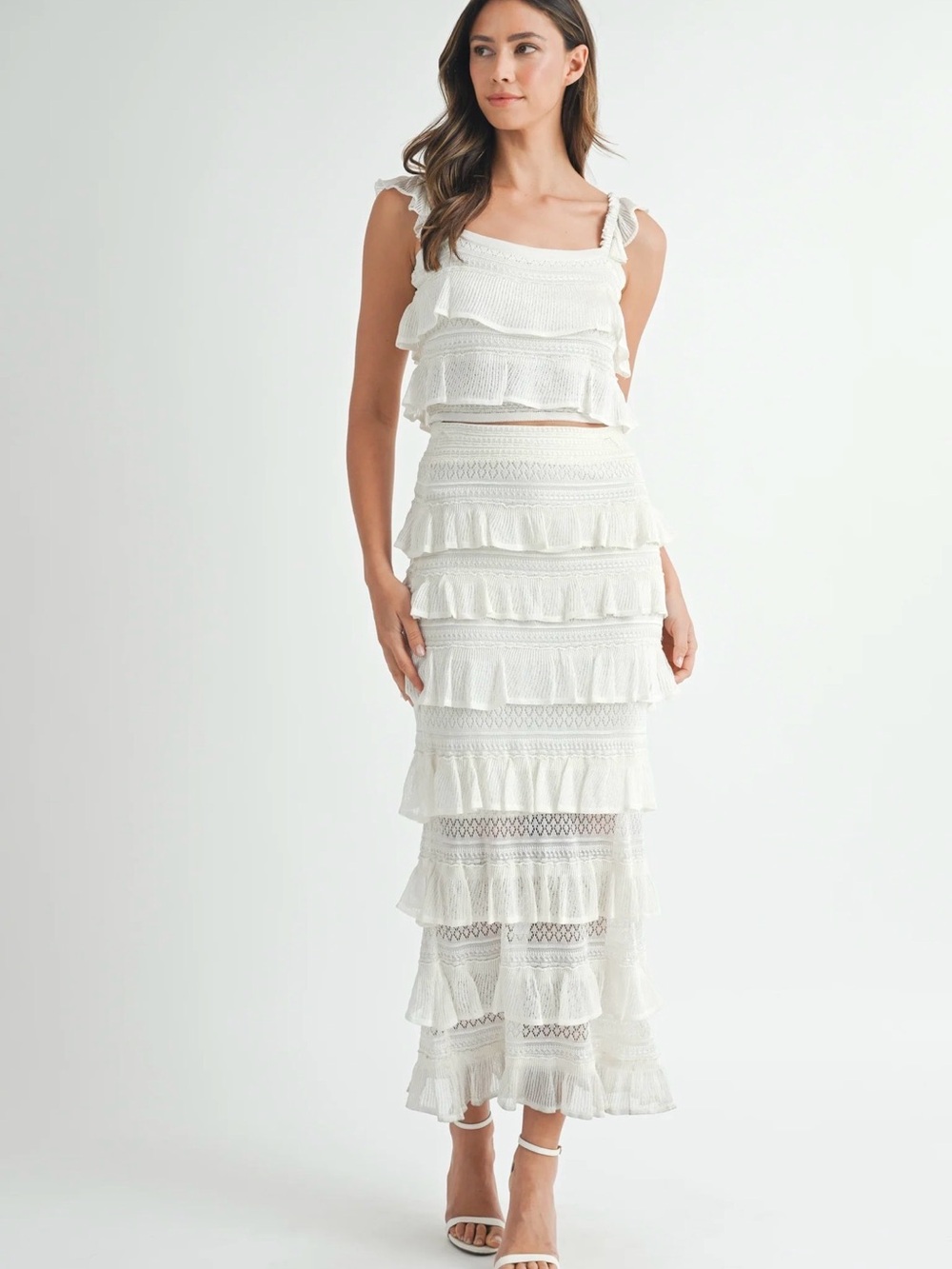 MARBLE White Tiered Ruffled Maxi Skirt Set